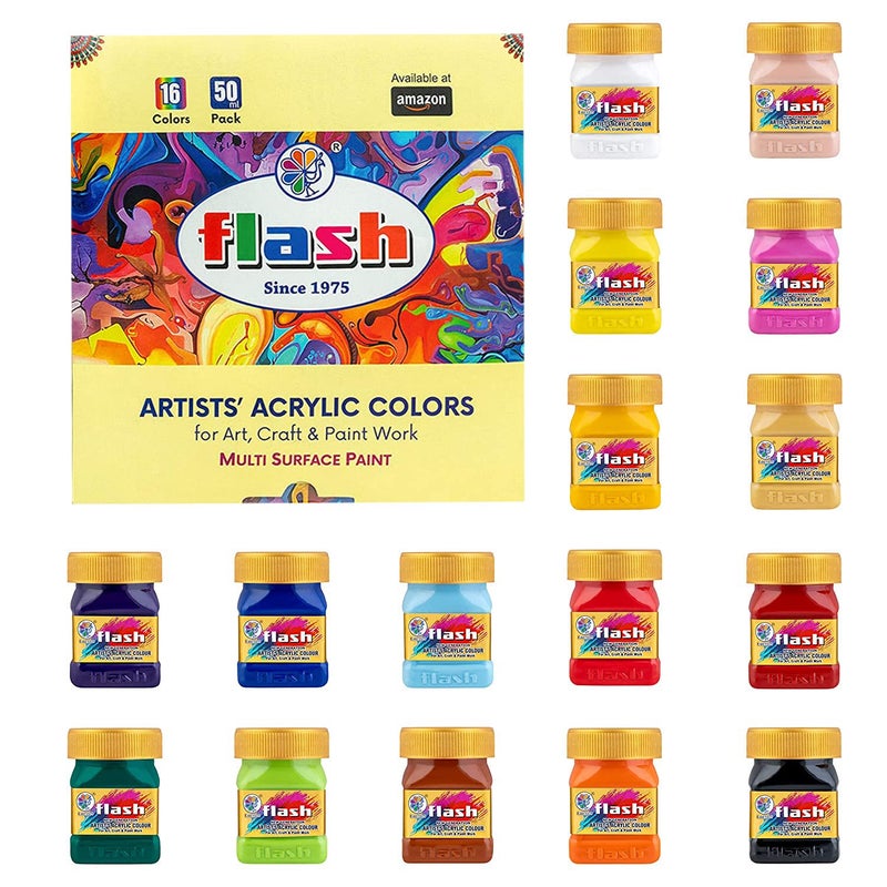 Flash Acrylic Colour Set For Adults Kids Professionals-16 Acrylic Painting Colour Set of 50ml Each-High Pigment Strength Eco Friendly Non Fading Non Toxic Multi Surface Acrylic Paint (50 ml each, 16 Colours) - Image 1