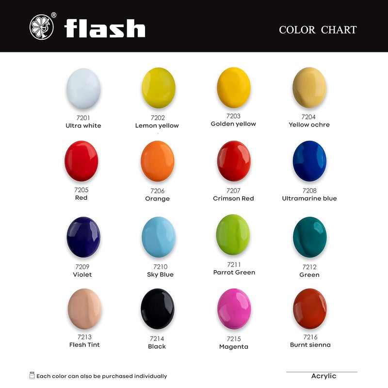 Flash Acrylic Colour Set For Adults Kids Professionals-16 Acrylic Painting Colour Set of 50ml Each-High Pigment Strength Eco Friendly Non Fading Non Toxic Multi Surface Acrylic Paint (50 ml each, 16 Colours) - Image 5