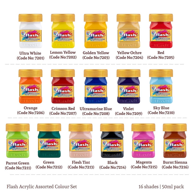 Flash Acrylic Colour Set For Adults Kids Professionals-16 Acrylic Painting Colour Set of 50ml Each-High Pigment Strength Eco Friendly Non Fading Non Toxic Multi Surface Acrylic Paint (50 ml each, 16 Colours) - Image 2