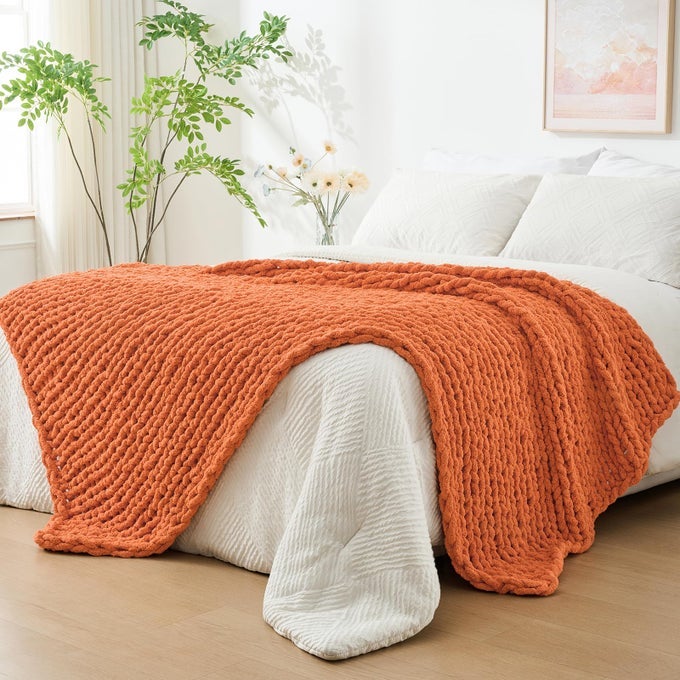 CHUNKY KNIT THROW BLANKET FOR COUCH 51X63 INCHES 100 HAND KNITTED WITH THICK JUMBO CHENILLE YARN COZY SOFT LARGE ROPE KNOT CABLE CROCHET BLANKETS FOR SOFA BED LIVING ROOM TERRACOTTA