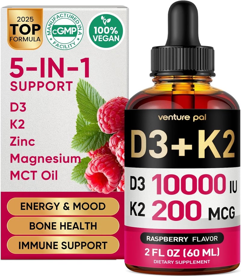 Venture Pal 5in1 Vitamin D3 10000 IU  K2 as MK7 200mcg with Magnesium MCT Oil Zinc SugarFree Vitamin D Liquid Maximum Absorption for Bone Mood  Immune Health  2 FL OZ 60 Days - Image 1