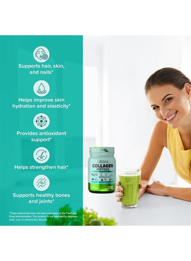 ORZAX Collagen Peptides Powder, 11g Collagen, Type I & III Grass Fed Vitamin C, Biotin & Hyaluronic Acid, Hair, Nail, Skin & Joint Support Supplement, Sugar Free, Gluten Free, Unflavored, 16 oz  - Image 5