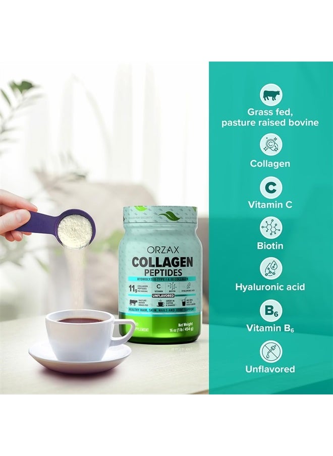 ORZAX Collagen Peptides Powder, 11g Collagen, Type I & III Grass Fed Vitamin C, Biotin & Hyaluronic Acid, Hair, Nail, Skin & Joint Support Supplement, Sugar Free, Gluten Free, Unflavored, 16 oz  - Image 4