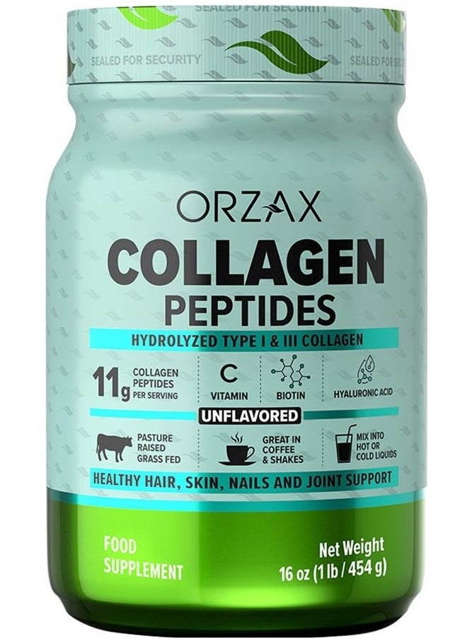 ORZAX Collagen Peptides Powder, 11g Collagen, Type I & III Grass Fed Vitamin C, Biotin & Hyaluronic Acid, Hair, Nail, Skin & Joint Support Supplement, Sugar Free, Gluten Free, Unflavored, 16 oz  - Image 1