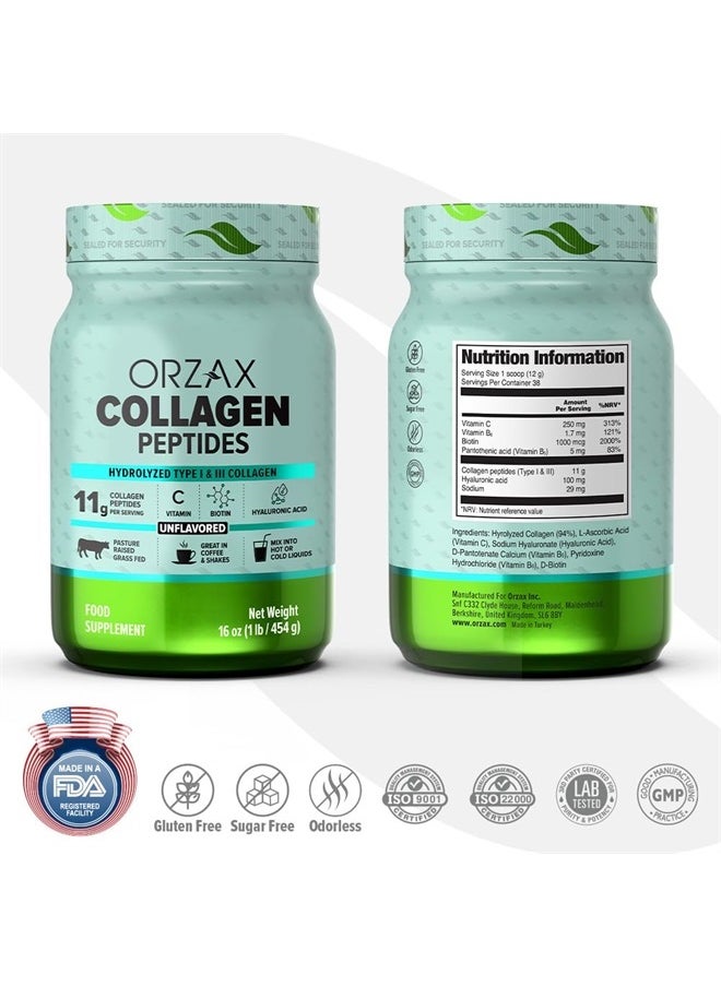 ORZAX Collagen Peptides Powder, 11g Collagen, Type I & III Grass Fed Vitamin C, Biotin & Hyaluronic Acid, Hair, Nail, Skin & Joint Support Supplement, Sugar Free, Gluten Free, Unflavored, 16 oz  - Image 2
