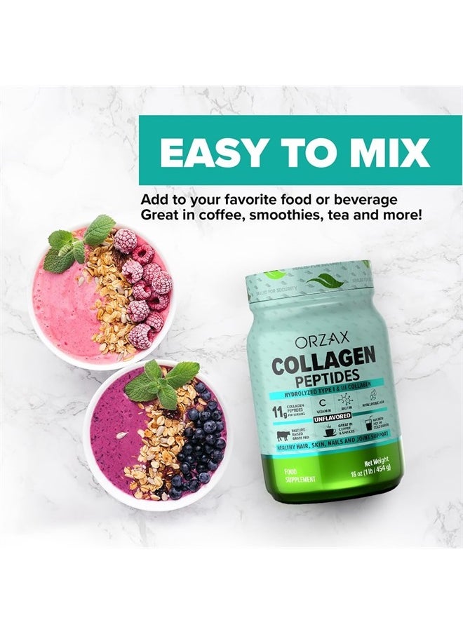 ORZAX Collagen Peptides Powder, 11g Collagen, Type I & III Grass Fed Vitamin C, Biotin & Hyaluronic Acid, Hair, Nail, Skin & Joint Support Supplement, Sugar Free, Gluten Free, Unflavored, 16 oz  - Image 3