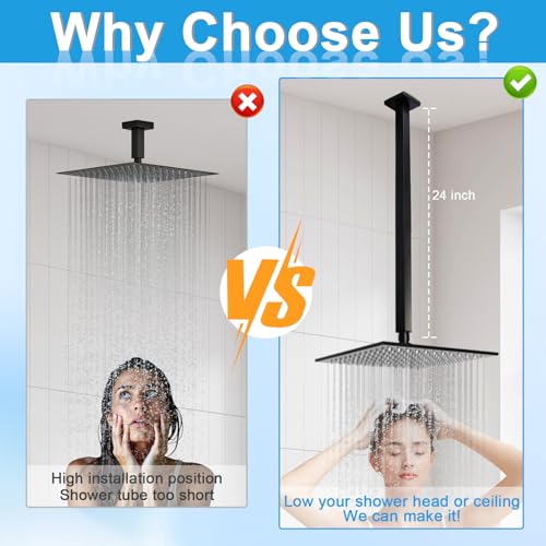 Drettyer Shower Arm with Flange 24 Inches Ceiling Mount Square Straight Extender Extension Pipe Replacement, Extra Long Shower Arm For Fixed Rain Shower Head or High Ceiling, Matte Black - Image 3