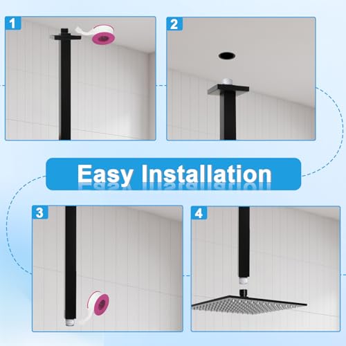 Drettyer Shower Arm with Flange 24 Inches Ceiling Mount Square Straight Extender Extension Pipe Replacement, Extra Long Shower Arm For Fixed Rain Shower Head or High Ceiling, Matte Black - Image 4