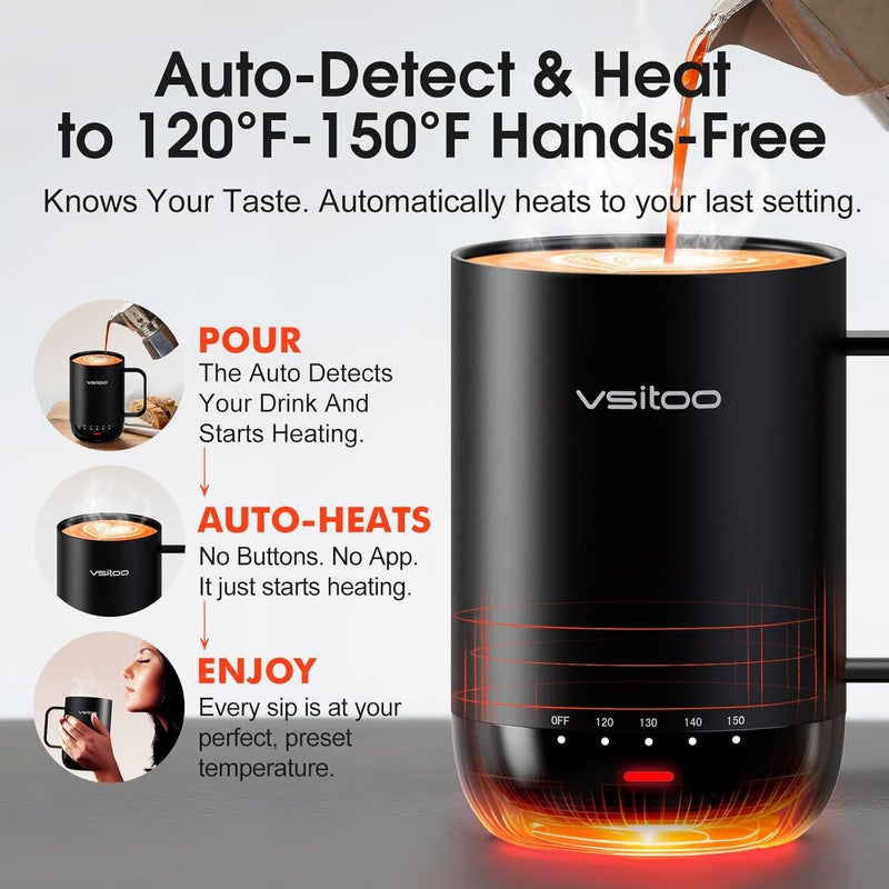 vsitoo S3 Pro 16oz Smart Self Heating Coffee Mug,Heated Coffee Mug with Auto-Sensing AI Heats Drinks to 120-150°F Hands-Free.Perfect for Home/Office, fo Men/Women, Black - Image 2