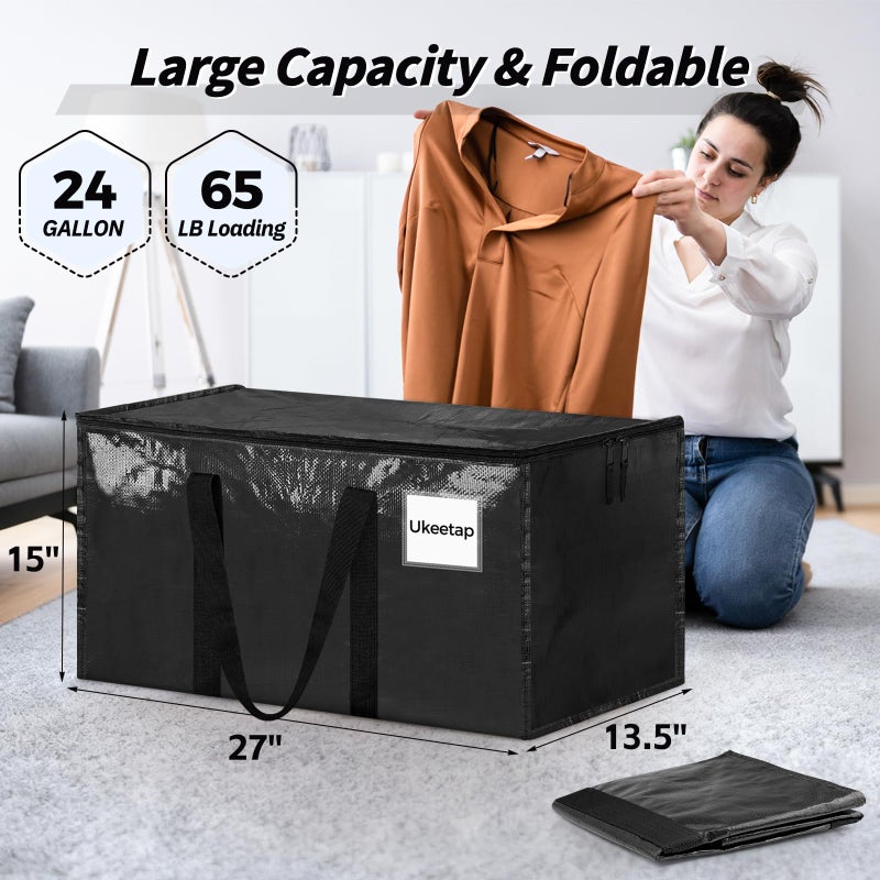 ukeetap 8 Pack Extra Large Heavy Duty Moving Bags, Black Storage Bins with Lids, Reinforced Handles & Heavy-Duty Zippers Moving Boxes Storage Bags Totes for Clothes Packing, Dorms, College Supplies, Black - Image 2