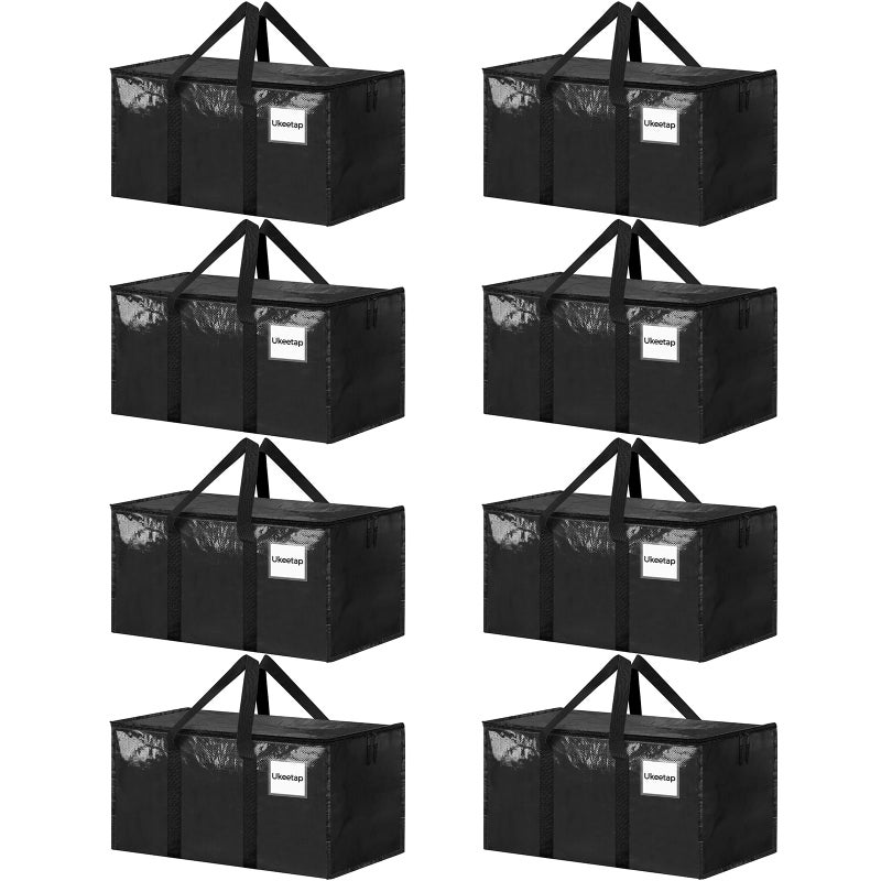 ukeetap 8 Pack Extra Large Heavy Duty Moving Bags, Black Storage Bins with Lids, Reinforced Handles & Heavy-Duty Zippers Moving Boxes Storage Bags Totes for Clothes Packing, Dorms, College Supplies, Black - Image 1