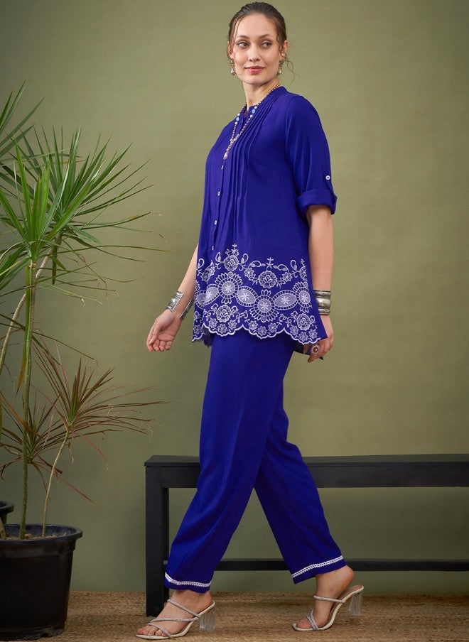 ساسافراس قميص مطرز أزرق مع بالازو للنساء - Image 4