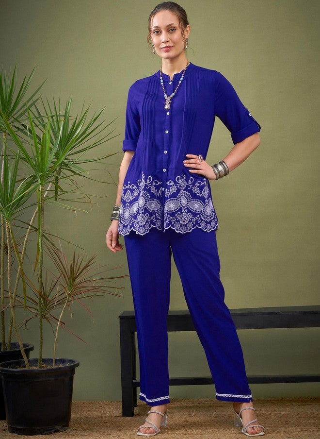 ساسافراس قميص مطرز أزرق مع بالازو للنساء - Image 1