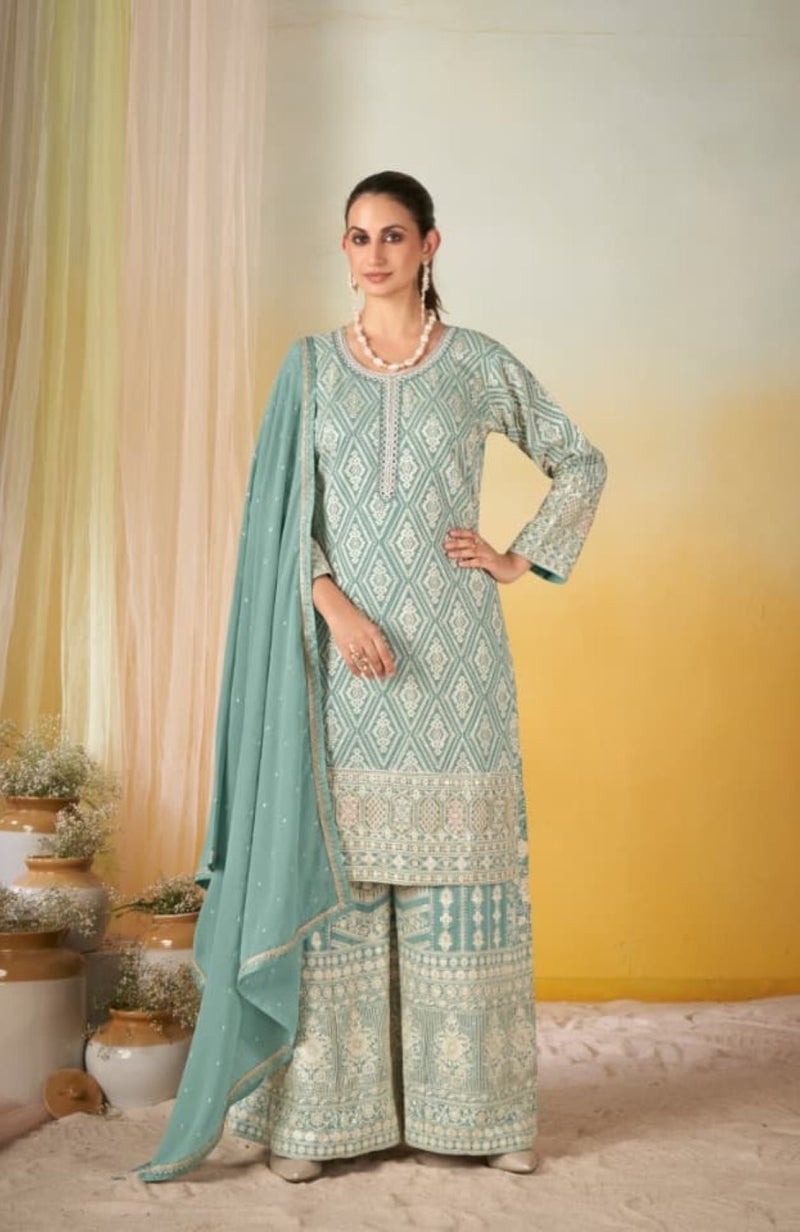 ANAITA Sky Blue Georgette Free Size Stitched Suit with Embroidery & Sequence Work - Image 1