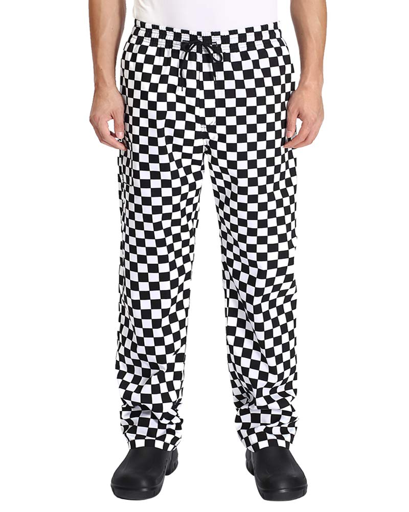 Menâ€™s Black and White Checkerboard Print Chef Pants with Elastic Waist Drawstring Baggy Chef Uniforms SmallPlaid XL
