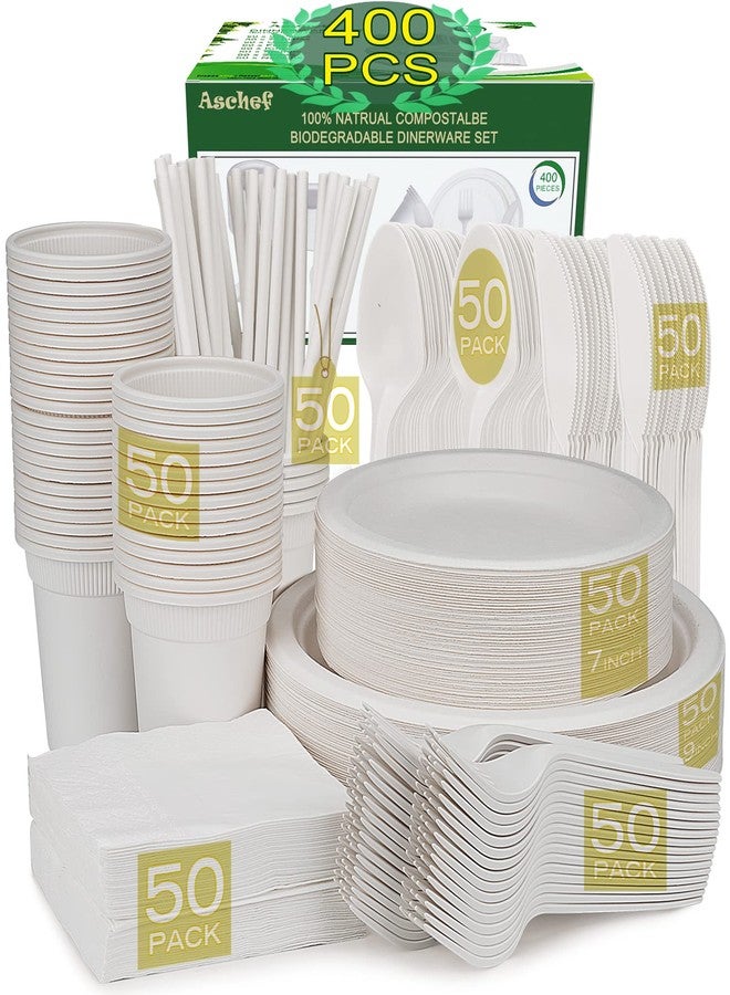 Aschef 400pcs Eco-Friendly Disposable Paper Plates Bulk and Cups Napkins Cutlery Sets Non-Plastic Biodegradable Compostable Dinnerware for Dessert Dinner Birthday Party (50 Guest) - Image 1