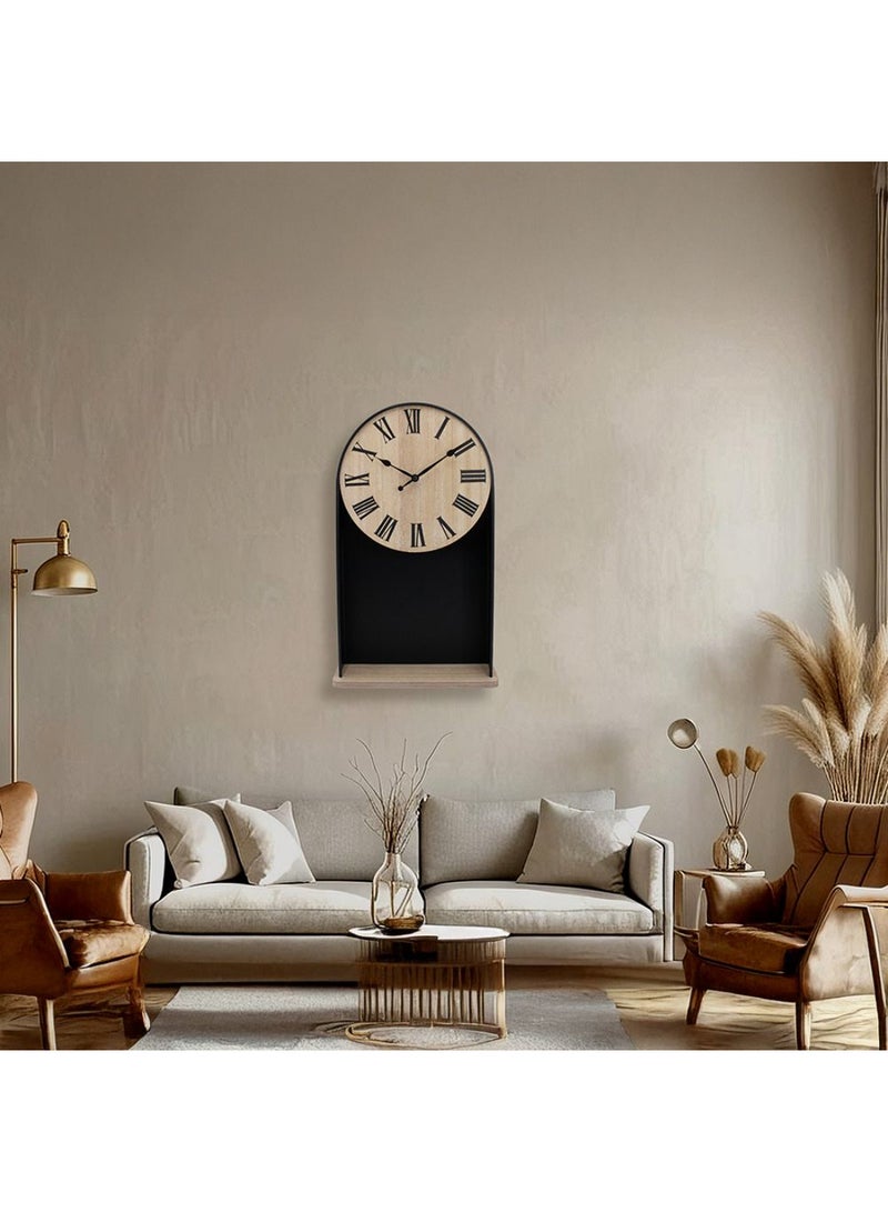 DANUBE HOME ساعة حائط مزخرفة من الخشب كامبريدج - ساعة متعددة الوظائف أنيقة مع رف مدمج، حركة كوارتز صامتة لتزيين غرفة المعيشة والمكتب L30 x H50 سم - Image 1