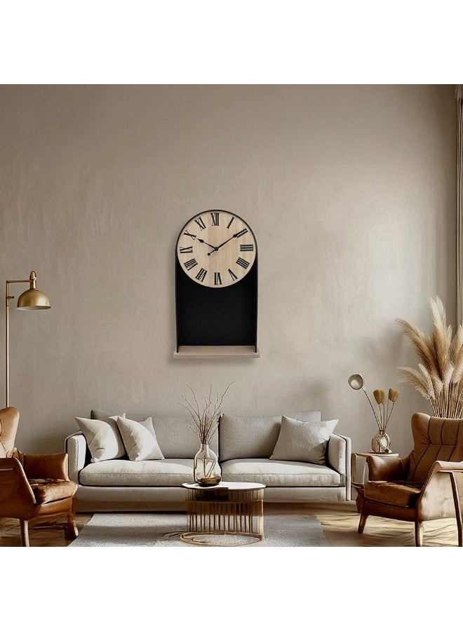 DANUBE HOME ساعة حائط مزخرفة من الخشب كامبريدج - ساعة متعددة الوظائف أنيقة مع رف مدمج، حركة كوارتز صامتة لتزيين غرفة المعيشة والمكتب L30 x H50 سم - Image 1