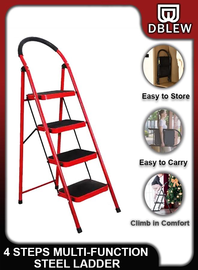 DBLEW 4 Steps Portable Household Telescopic Folding Multi-Function Step Steel Ladder Stool Chair with Wide Anti Slip Pedal and Comfort Hand grip for Adults Home Kitchen Garden Office Warehouse - Image 1