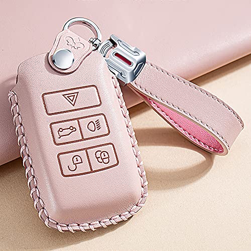 SANRILY Leather Key Cover Case for Land Rover Discovery Range Sport Evoque Jaguar XF 2020 2021 Keyless Key Fob Shell with Key Chians Pink - Image 3