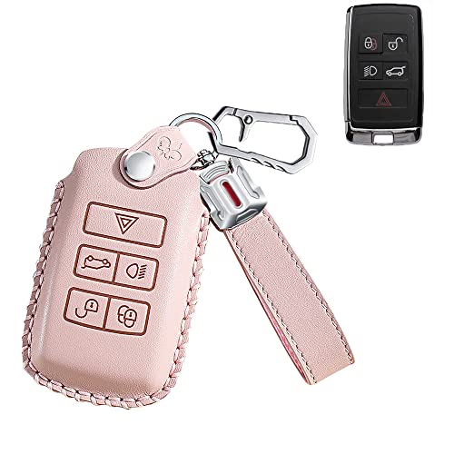 SANRILY Leather Key Cover Case for Land Rover Discovery Range Sport Evoque Jaguar XF 2020 2021 Keyless Key Fob Shell with Key Chians Pink - Image 1