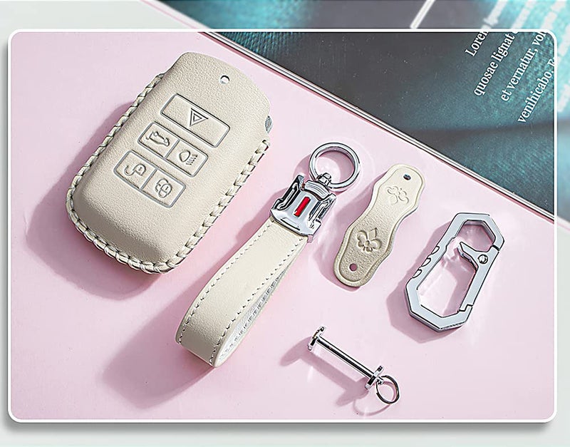 SANRILY Leather Key Cover Case for Land Rover Discovery Range Sport Evoque Jaguar XF 2020 2021 Keyless Key Fob Shell with Key Chians Pink - Image 5