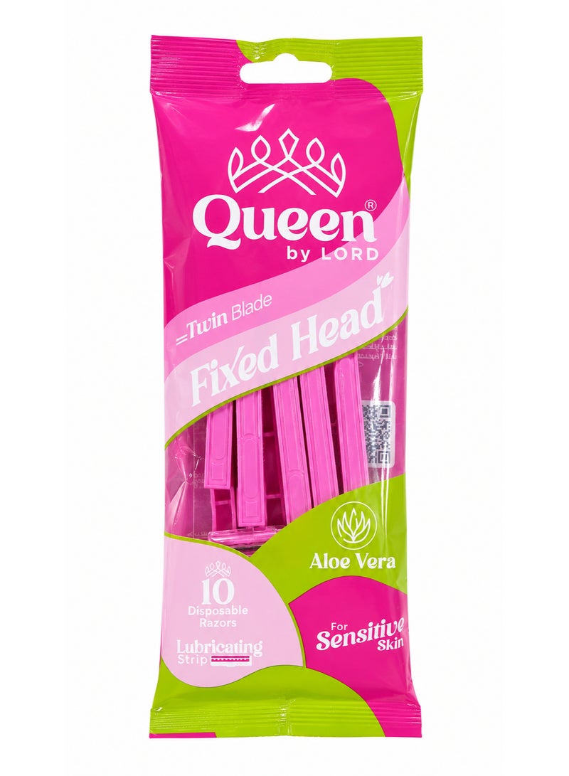 ماكينة حلاقة نسائية Queen by LORD Fixed Head – شفرتان Twin Blade مع شريط ترطيب بالألوفيرا – للبشرة الحساسة – عبوة 10 شفرات