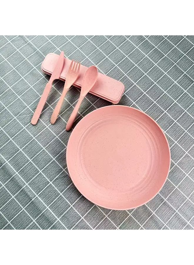 مجموعة طعام وردية محمولة للخارج 5 قطع أدوات سفري قابلة لإعادة الاستخدام طبق أواني طعام للتخييم - Image 1