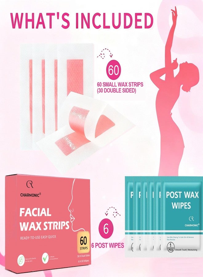 Charmonic Facial Wax Strips 60 Pcs, Facial Hair Removal for Women, Waxing Strips for Face Eyebrow Upper Lip Cheek Hair Remover, Quick & Painless At Home Waxing Kit for All Skin Types with 6 Pcs Wax Wipes (Pink) - Image 2
