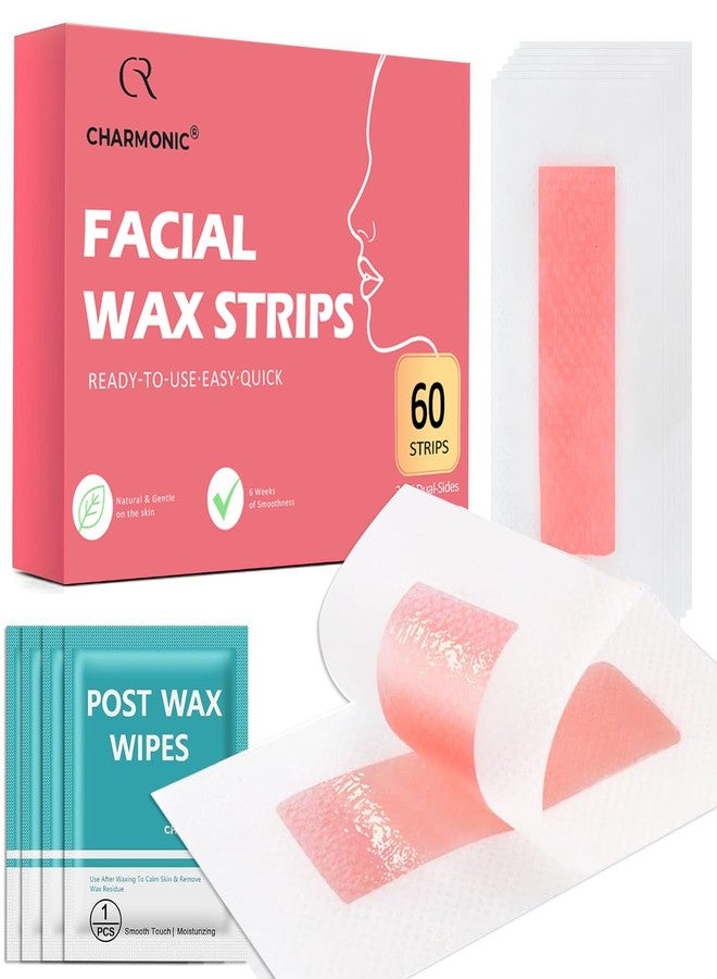 Charmonic Facial Wax Strips 60 Pcs, Facial Hair Removal for Women, Waxing Strips for Face Eyebrow Upper Lip Cheek Hair Remover, Quick & Painless At Home Waxing Kit for All Skin Types with 6 Pcs Wax Wipes (Pink) - Image 1