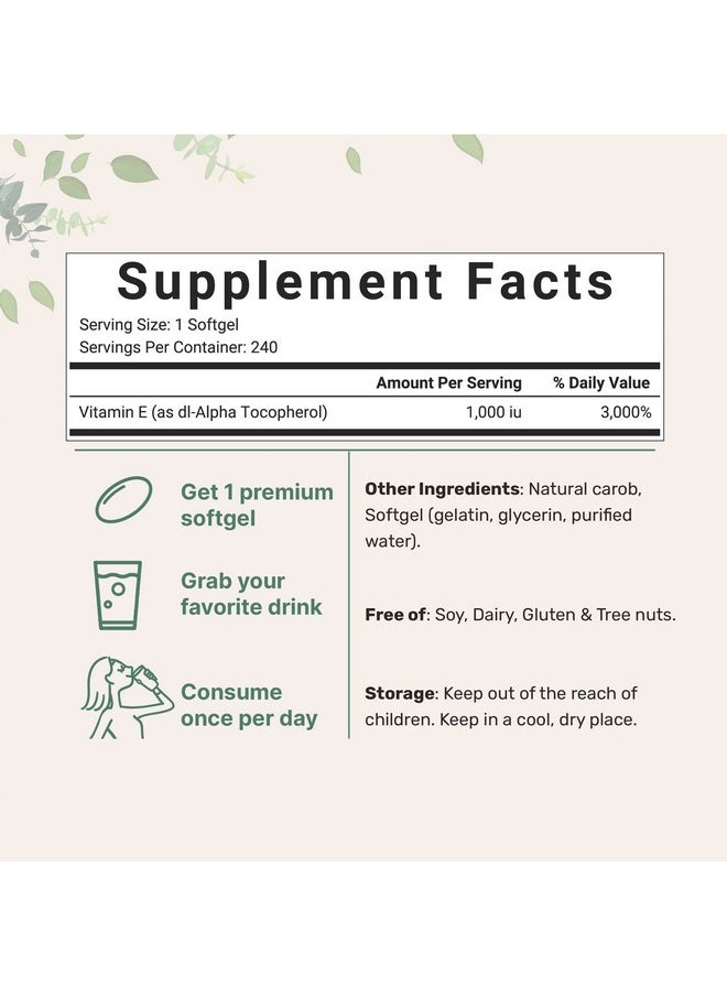 Micro Ingredients - Vitamin E 1000 Iu 240 Softgels; Pure Vitamin E Oil Pills; Antioxidant Supplements For Skin Face & Immune Health; Nongmo Gluten Free - Image 1