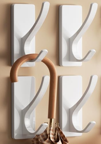 pickpiff White Self Adhesive Coat Hooks for Hanging, Heavy Duty Stainless Double Wall Hook for Towel, Backpack, Hat, Sturdy Metal Hanger for Bathroom, Bedroom, Door, Wall Mounted, 4-Pack - Image 1