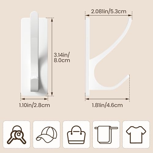 pickpiff White Self Adhesive Coat Hooks for Hanging, Heavy Duty Stainless Double Wall Hook for Towel, Backpack, Hat, Sturdy Metal Hanger for Bathroom, Bedroom, Door, Wall Mounted, 4-Pack - Image 3