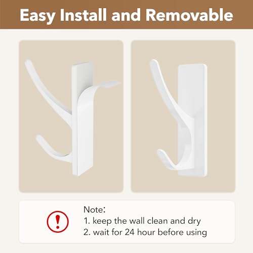 pickpiff White Self Adhesive Coat Hooks for Hanging, Heavy Duty Stainless Double Wall Hook for Towel, Backpack, Hat, Sturdy Metal Hanger for Bathroom, Bedroom, Door, Wall Mounted, 4-Pack - Image 5