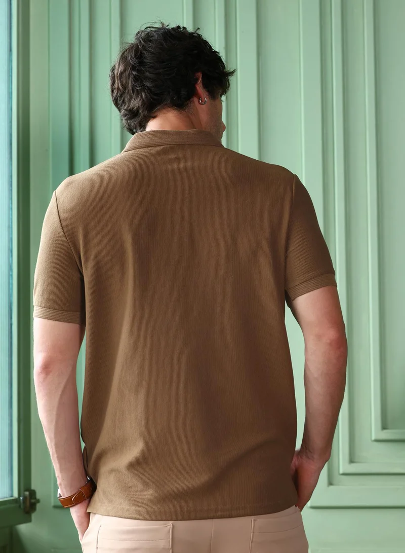 CAHOOT  Men's Mocha Brown Solid-Ribbed Polo T-Shirt for Men | Best Price UAE