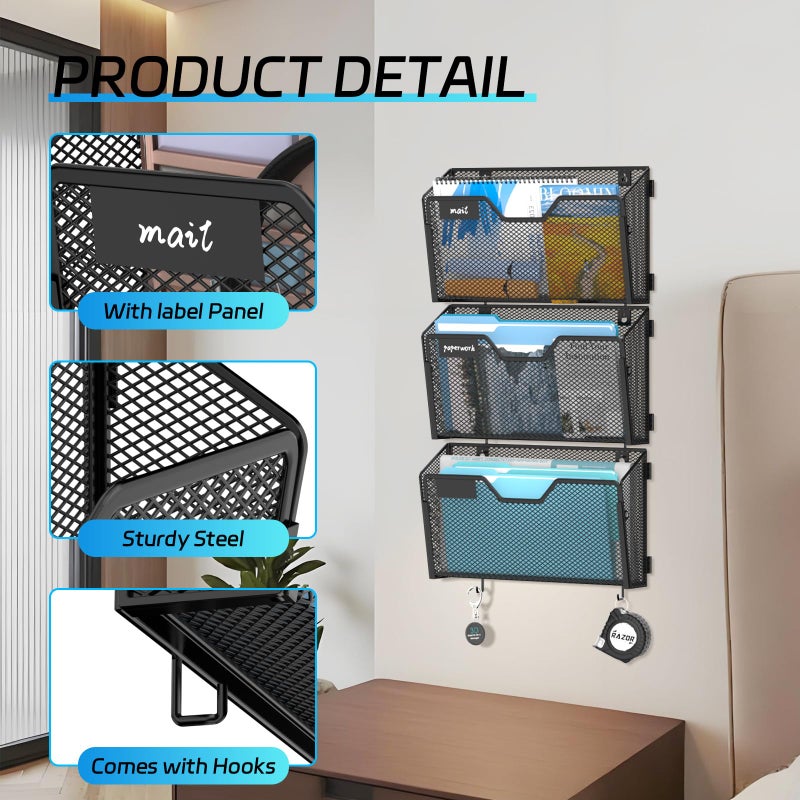 SUPEASY 6 Single Mail Organizer Wall Mounted, Wall File Organizer, Hanging File Organizer with Hooks, Mail Oganizer Binder Holder for Home Office (with 14 Adhesive Hooks) - Image 5