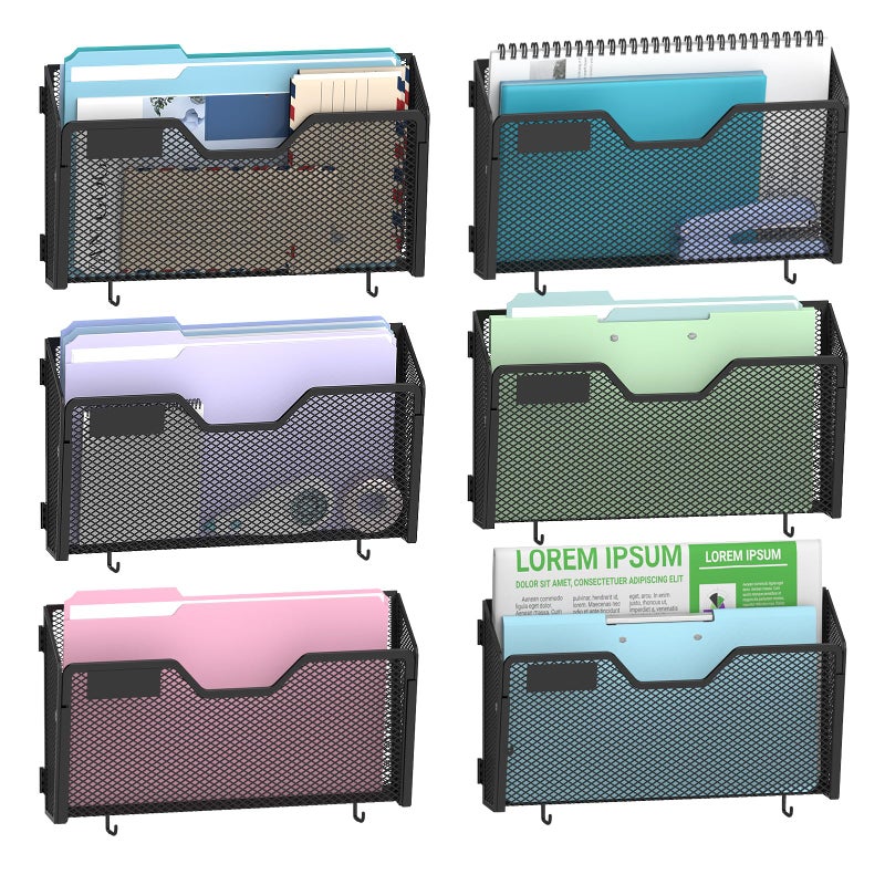 SUPEASY 6 Single Mail Organizer Wall Mounted, Wall File Organizer, Hanging File Organizer with Hooks, Mail Oganizer Binder Holder for Home Office (with 14 Adhesive Hooks) - Image 1