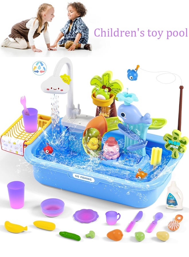 Children's toy pool, toy sink with running water, color changing toy sink with upgraded electric faucet and water pump, pretend play kitchen sink and summer water toy for boys and girls, blue - Image 1