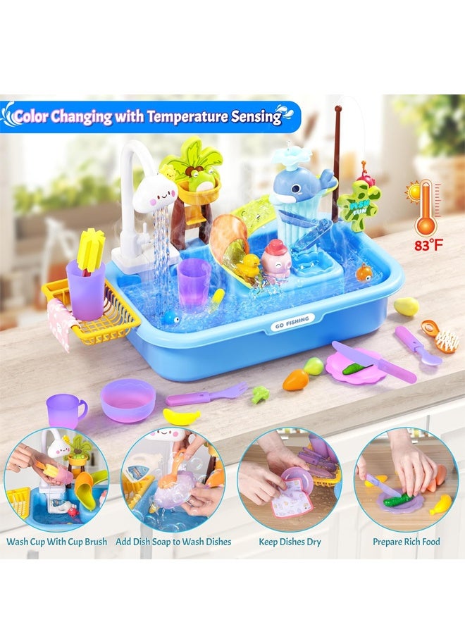 Children's toy pool, toy sink with running water, color changing toy sink with upgraded electric faucet and water pump, pretend play kitchen sink and summer water toy for boys and girls, blue - Image 3