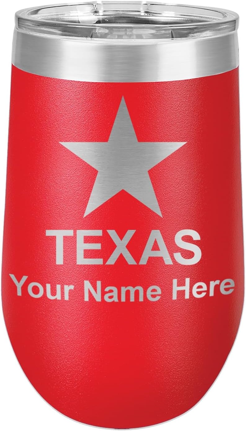 16oz Double Wall Stainless Steel Wine Glass Tumbler, Flag of Texas, Personalized Engraving Included (Red) (Red,16 Ounces)