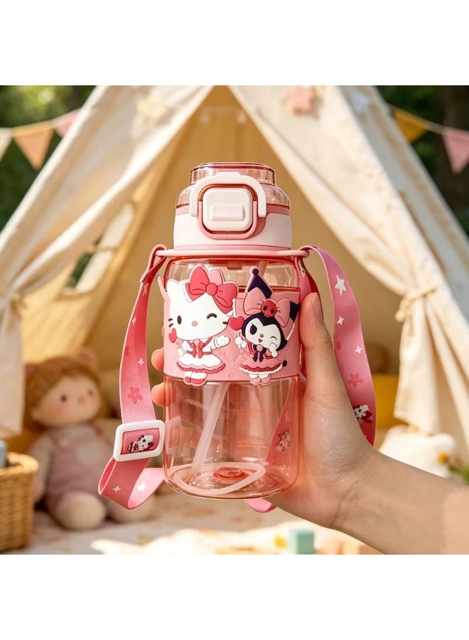 MY MELODY A cute Kurumi-designed water bottle, complete with a straw, flip-top lid, and adjustable strap. Leak-proof and durable, a stylish cup for daily hydration. - Image 2