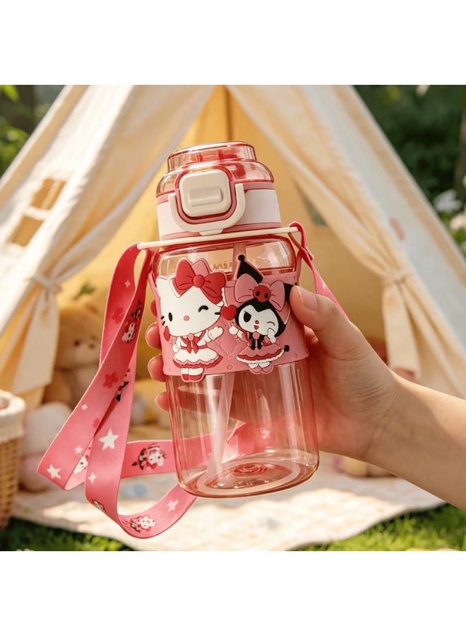 MY MELODY A cute Kurumi-designed water bottle, complete with a straw, flip-top lid, and adjustable strap. Leak-proof and durable, a stylish cup for daily hydration. - Image 1