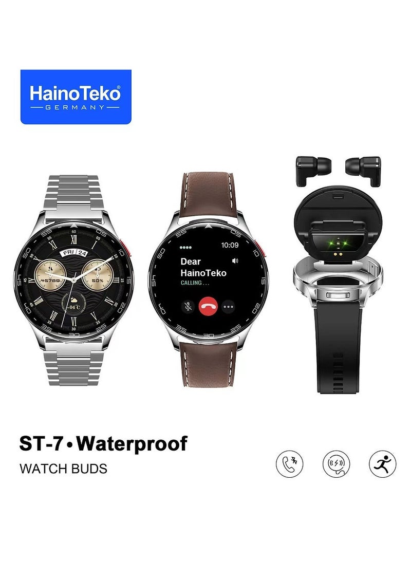 هينو تيكو ساعة ذكية HainoTeko ST-7 مقاومة للماء مع سماعات أذن مدمجة وشاشة AMOLED كبيرة و3 أزواج من الأشرطة وكابل شحن فضي - Image 1