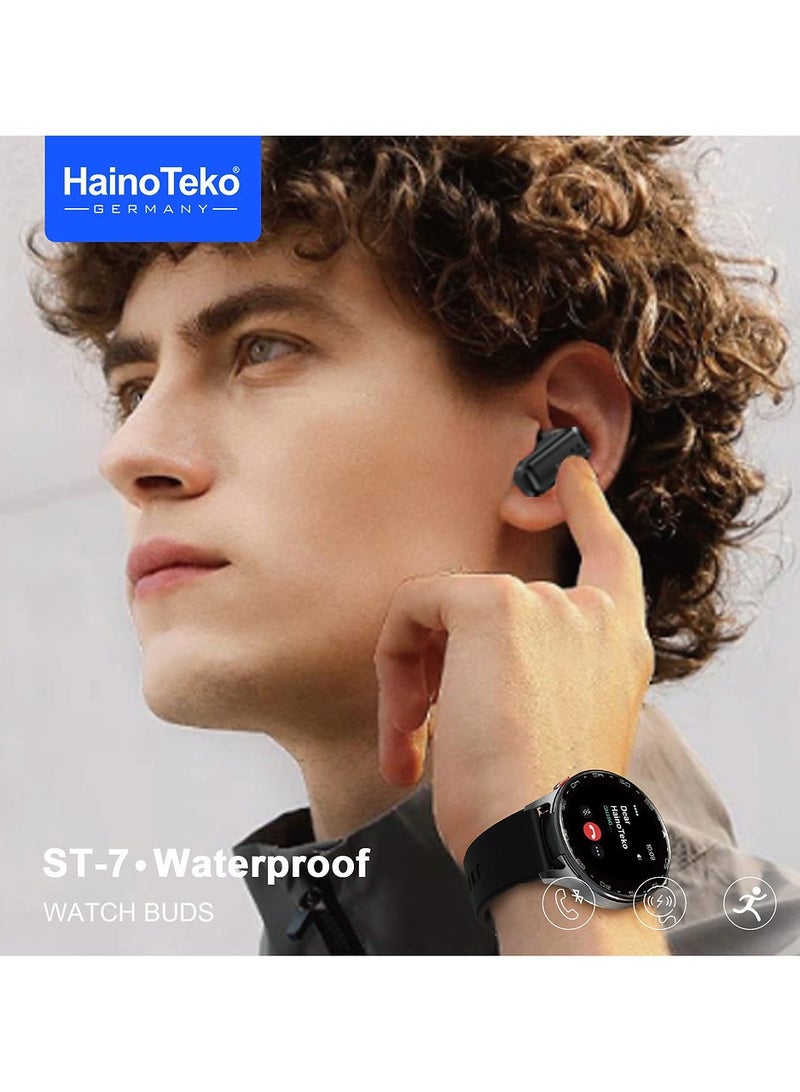 هينو تيكو ساعة ذكية HainoTeko ST-7 مقاومة للماء مع سماعات أذن مدمجة وشاشة AMOLED كبيرة و3 أزواج من الأشرطة وكابل شحن فضي - Image 5