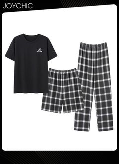 Joychic 3 Piece New Style Men Pajamas Short-sleeved + Lattice Shorts+ Trouser Set Casual Modal Breathable Wear-resistant Sleepwear Youth Homewear for Spring Summer Autumn  - Image 1