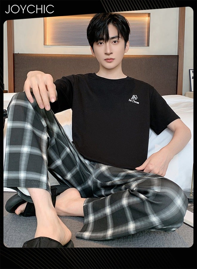 Joychic 3 Piece New Style Men Pajamas Short-sleeved + Lattice Shorts+ Trouser Set Casual Modal Breathable Wear-resistant Sleepwear Youth Homewear for Spring Summer Autumn - Image 2