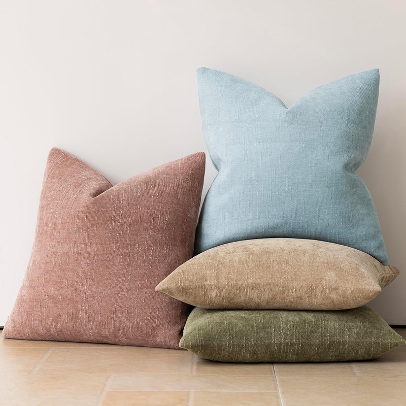 Foindtower Pack of 2 Textured Chenille Throw Decorative Pillow Covers Square Accent Solid Cushion Cover Neutral Farmhouse Modern Pillow Case for Couch Sofa Bedroom Living Room 22x22 Inch,Light Blue - Image 5