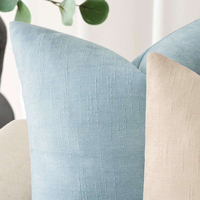 Foindtower Pack of 2 Textured Chenille Throw Decorative Pillow Covers Square Accent Solid Cushion Cover Neutral Farmhouse Modern Pillow Case for Couch Sofa Bedroom Living Room 22x22 Inch,Light Blue - Image 3