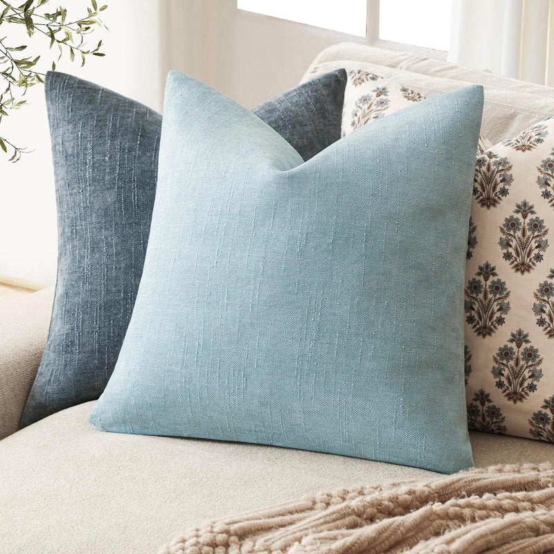 Foindtower Pack of 2 Textured Chenille Throw Decorative Pillow Covers Square Accent Solid Cushion Cover Neutral Farmhouse Modern Pillow Case for Couch Sofa Bedroom Living Room 22x22 Inch,Light Blue - Image 4