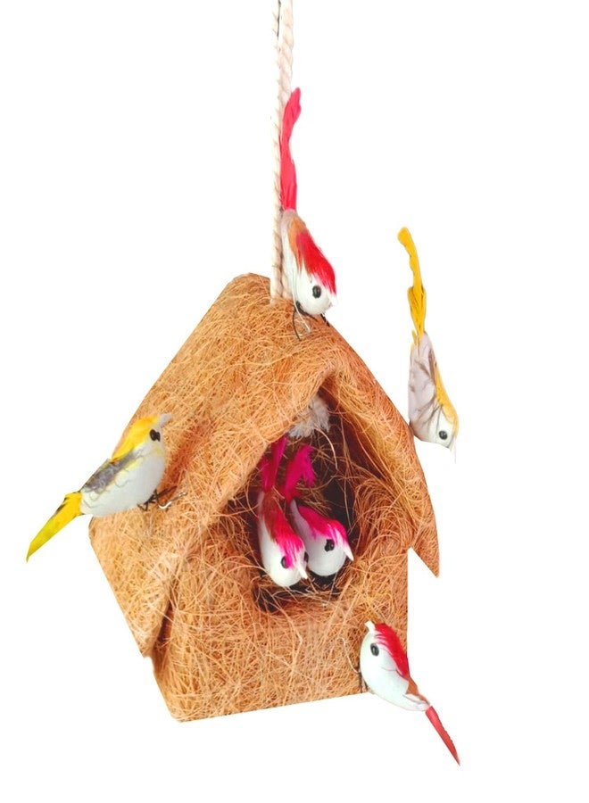 LIVEONCE Coir Hang House nest for Decoration with 5 Birds Color -Brown,w -8 cm, H -12 cm,L-8 cm -1 Piece - Image 1